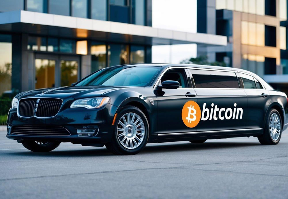 A sleek limousine parked in front of a modern building, with a Bitcoin logo displayed prominently on the vehicle's exterior