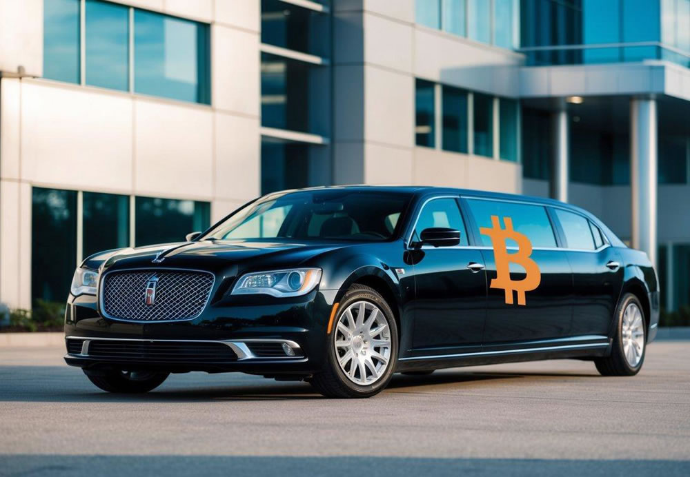 A sleek limousine parked in front of a modern building, with a digital Bitcoin logo displayed prominently on its exterior