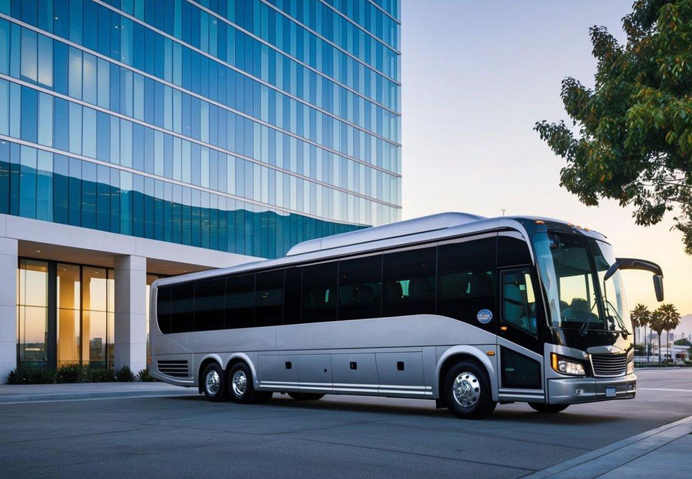 A sleek charter bus pulls up to a modern office building in downtown Los Angeles, ready to transport a corporate group for their next business event