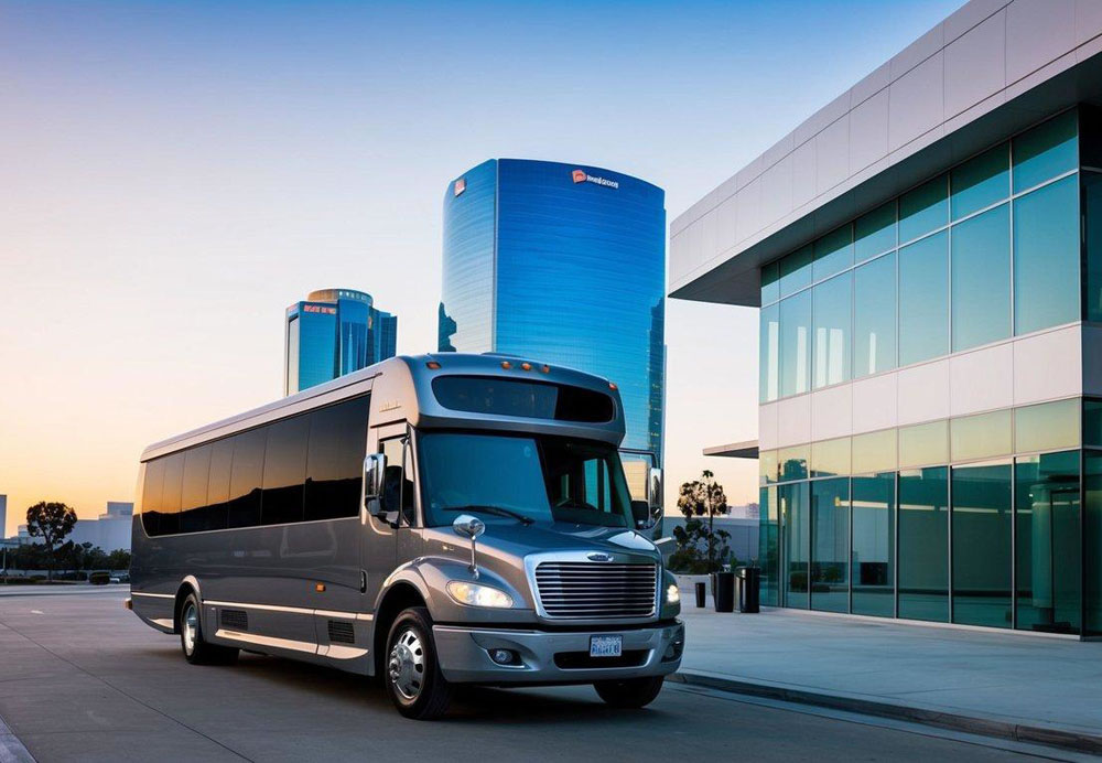 A sleek charter bus pulls up to a modern office building in downtown Los Angeles, ready to transport a corporate group for a superior travel experience