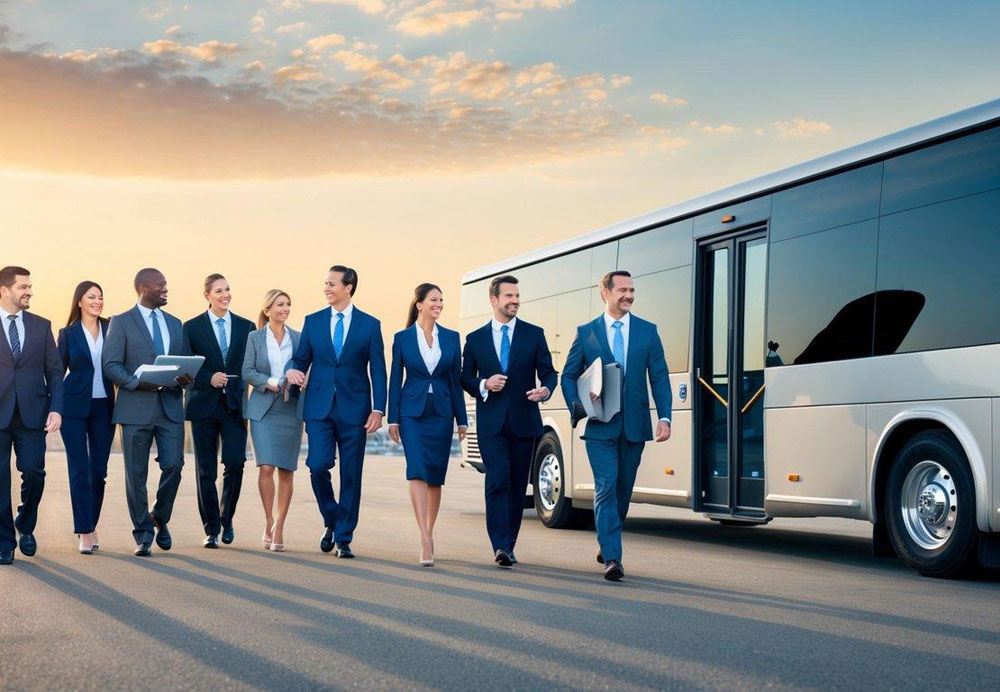A group of professionals board a sleek charter bus in Los Angeles, ready for corporate travel